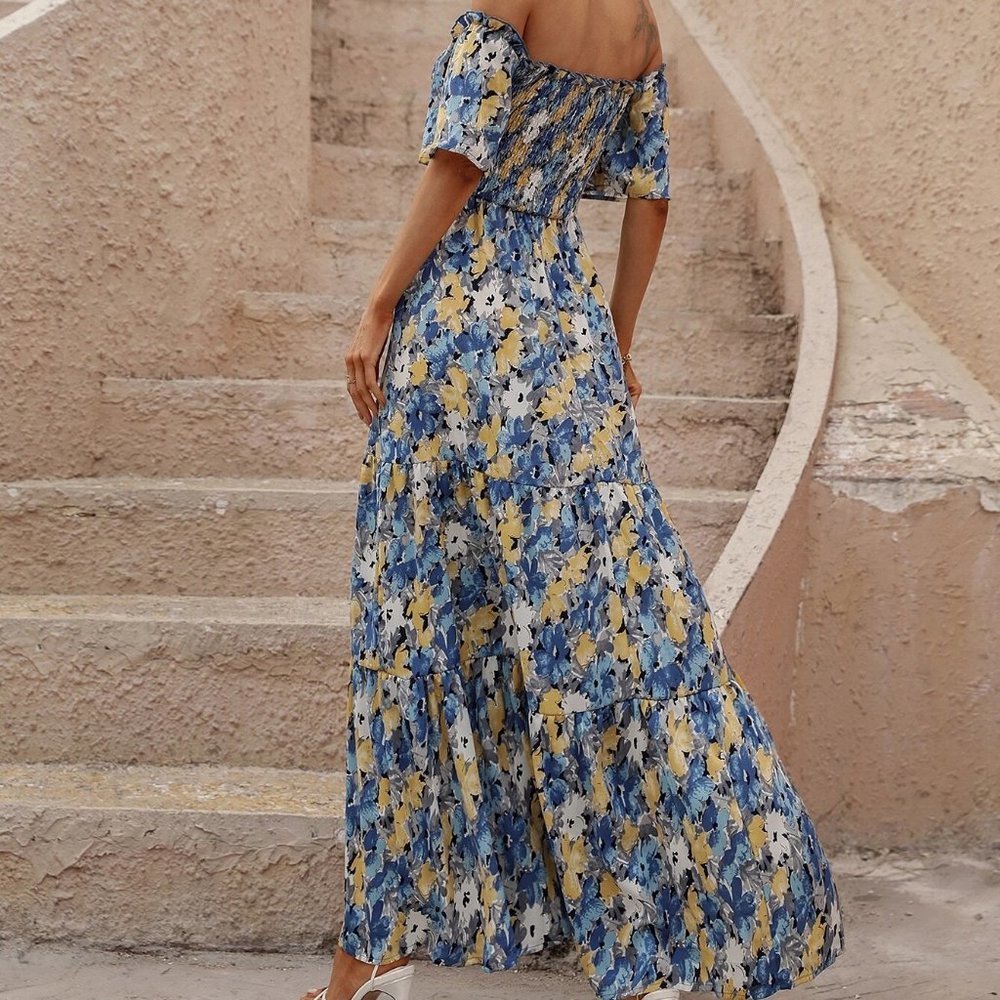 Blue Boho Womens Allover Floral Print Shirred Off Shoulder Ruffle Hem Dress - Picture 2 of 5